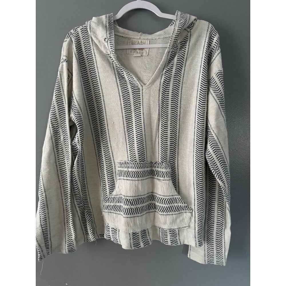 Beach By Exist Poncho Hoodie Womens Large Coastal Boho Cream Black Striped
